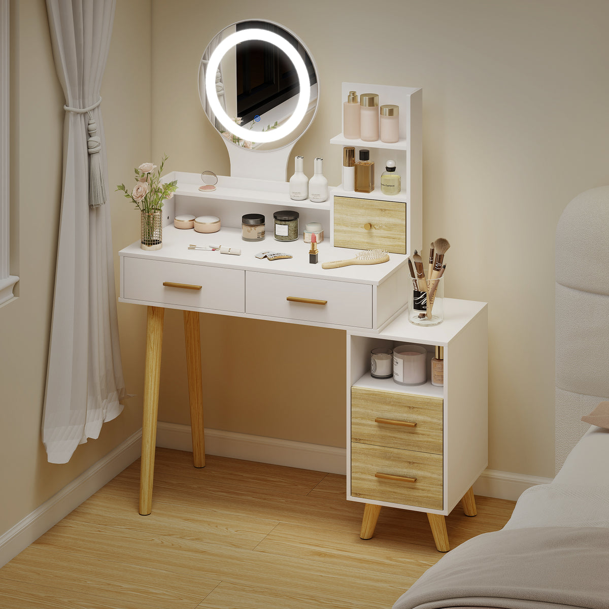 White dressing table with illuminated round mirror and wood-grain storage drawers