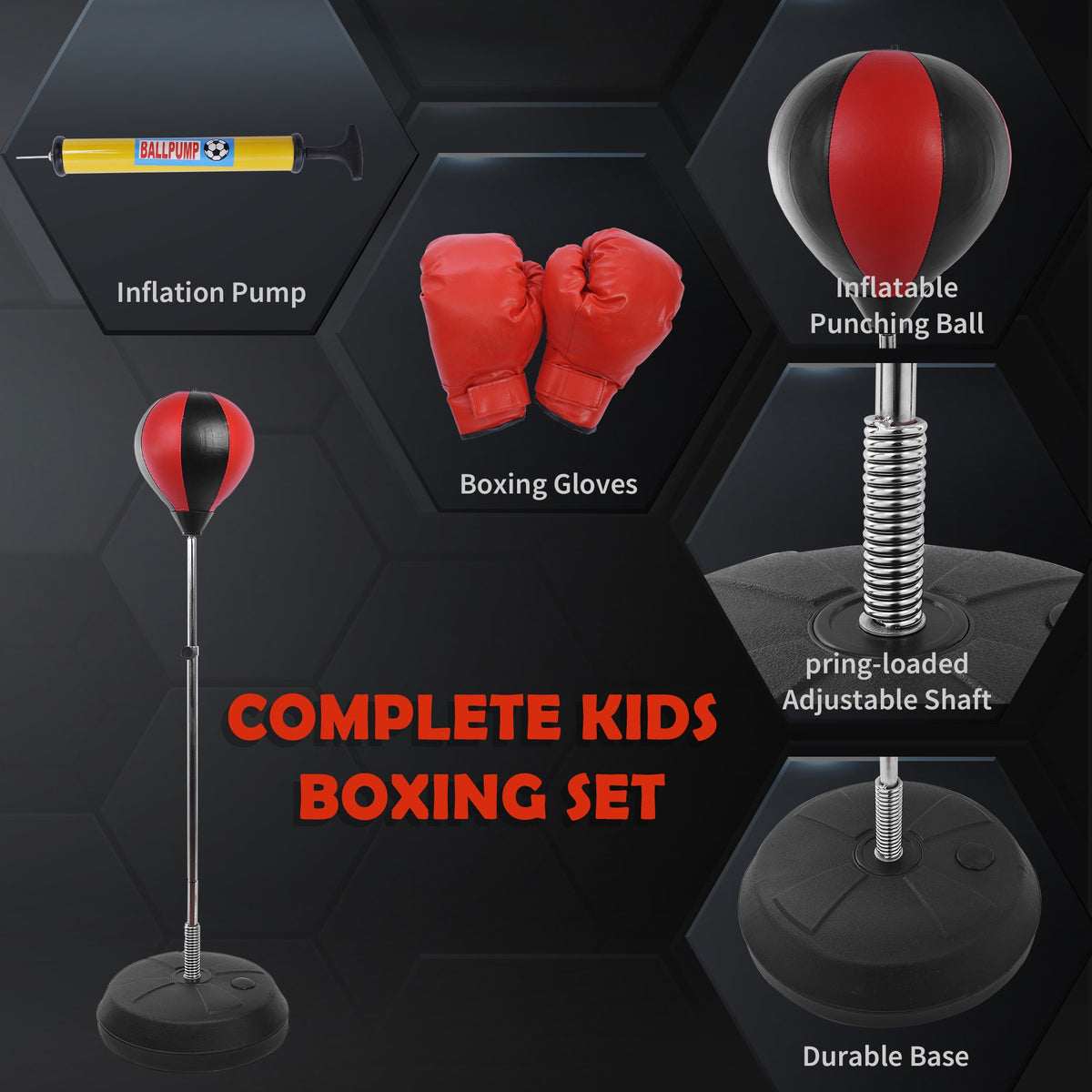 HOMCOM boxing set with freestanding bag, red gloves, air pump, spring-loaded shaft and base