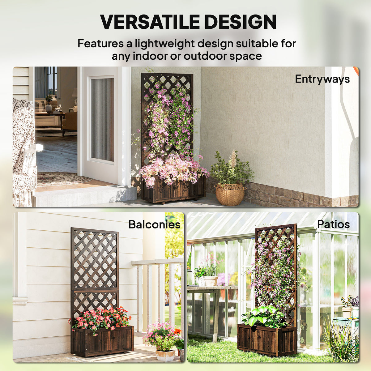 Outsunny planter with trellis shown in entryway, balcony, and patio settings