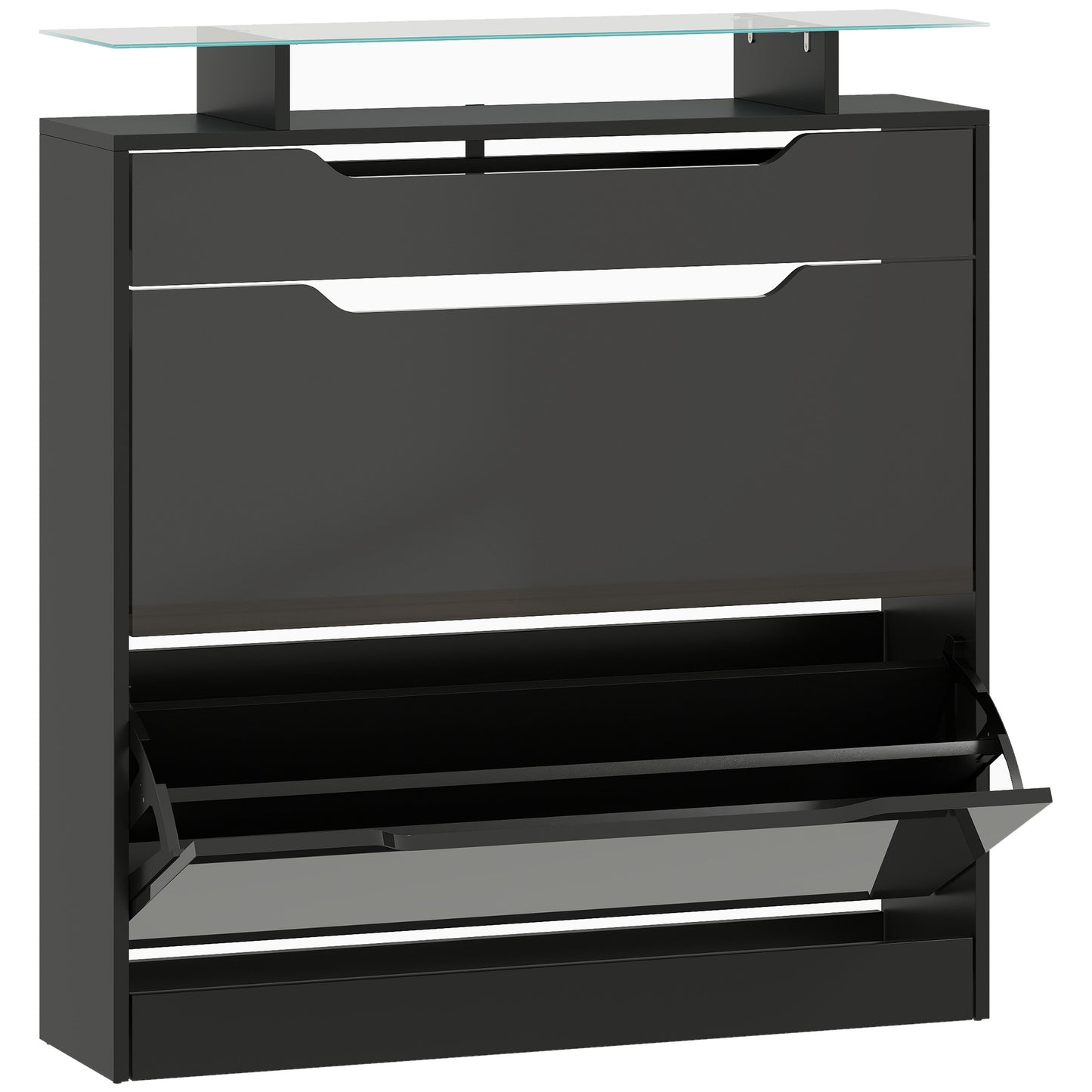 Photo of HOMCOM Shoe Storage Cabinet with Slide Out Drawer, 2 Flip Doors, Tempered Glass Top - Black in Black colour on a white background