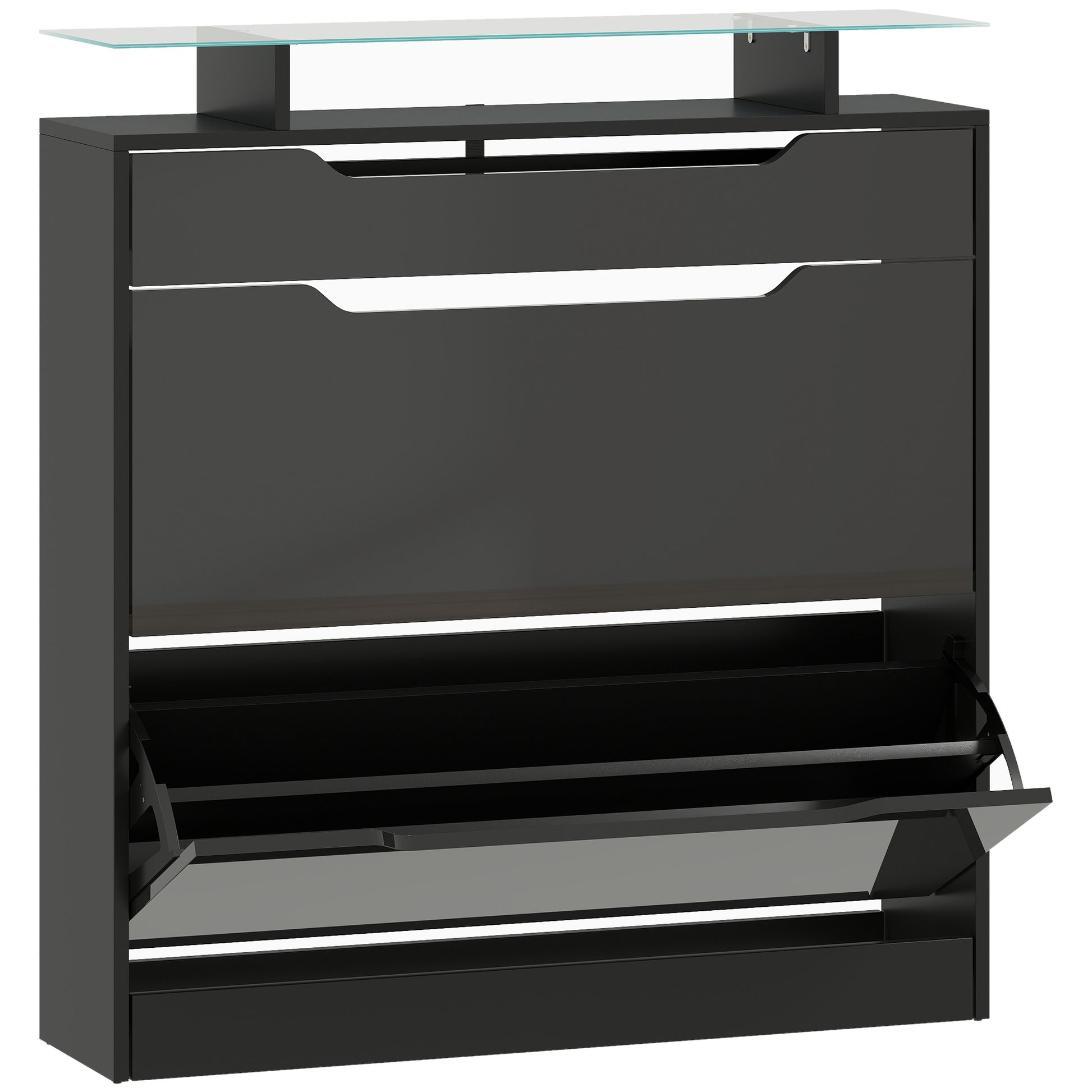 Photo of HOMCOM Shoe Storage Cabinet with Slide Out Drawer, 2 Flip Doors, Tempered Glass Top - Black in Black colour on a white background