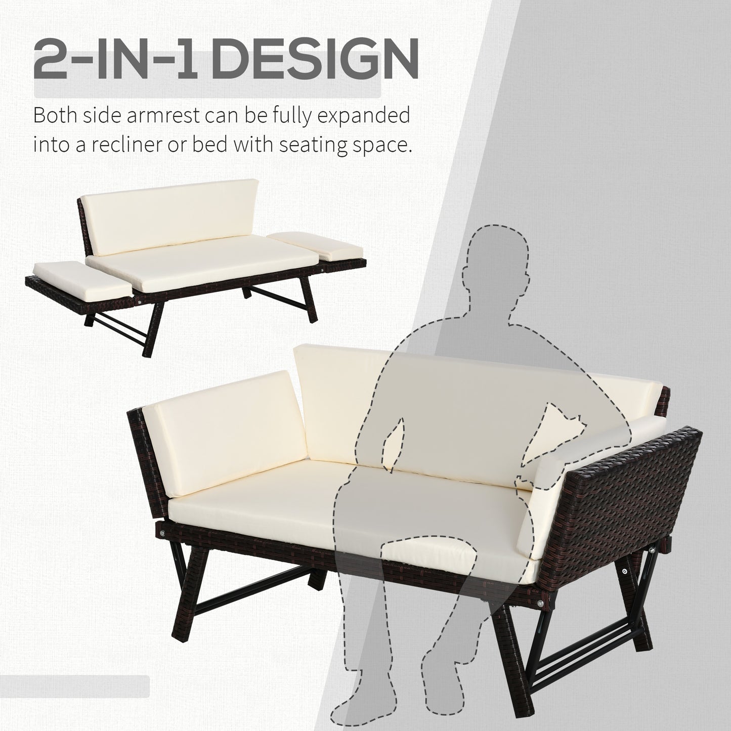 Outsunny 2-Seater 2-in-1 Rattan Convertible Sofa Daybed, Brown