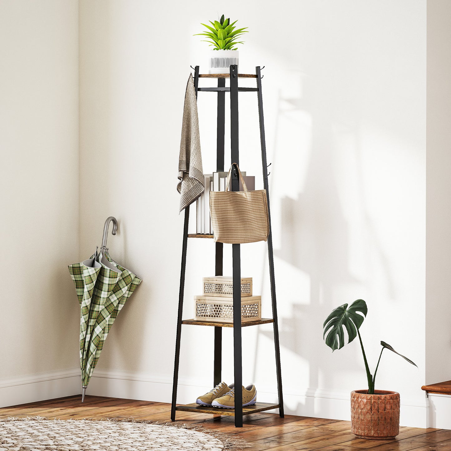 HOMCOM Compact Freestanding Coat Rack -  Black/Brown