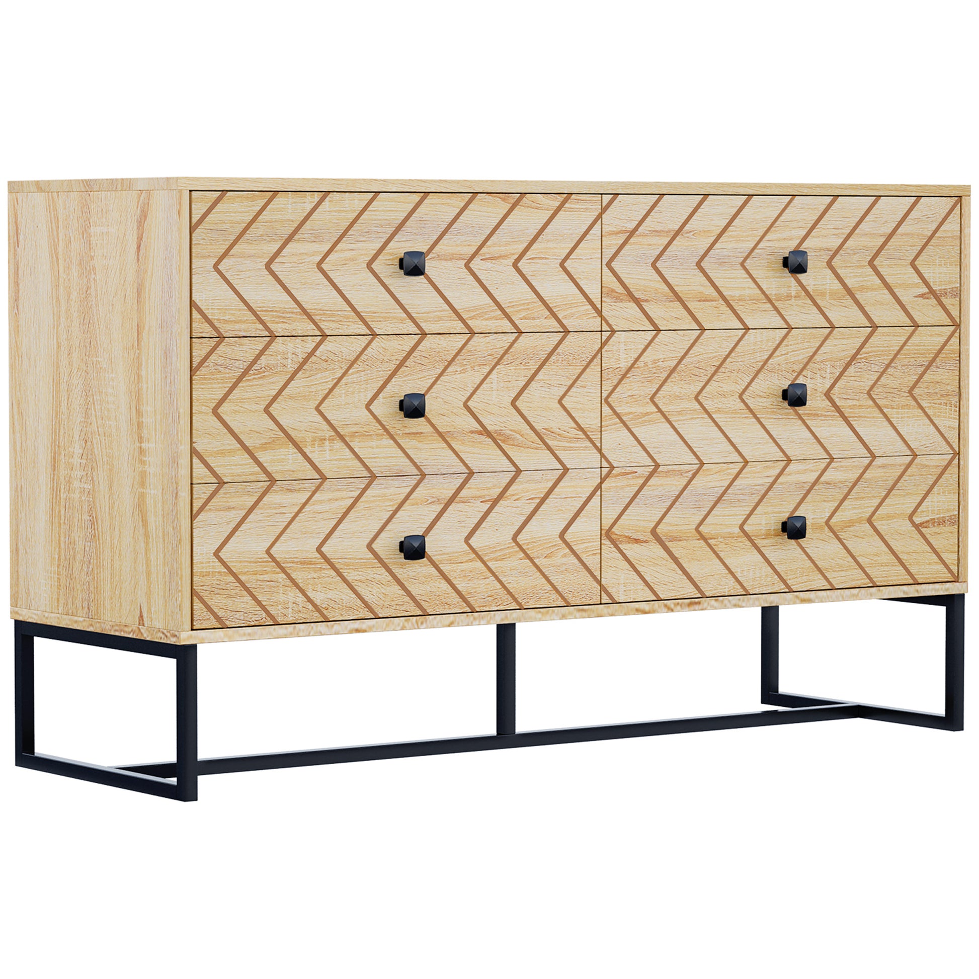 Photo of HOMCOM Bedroom Chest of Drawers, 6 Drawer Dresser, Sideboard Cabinet with Zigzag Design and Metal Base, Storage Drawer Unit, 120x71cm, Natural in Natural colour on a white background