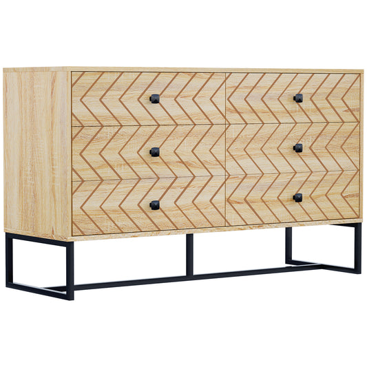 Photo of HOMCOM Bedroom Chest of Drawers, 6 Drawer Dresser, Sideboard Cabinet with Zigzag Design and Metal Base, Storage Drawer Unit, 120x71cm, Natural in Natural colour on a white background