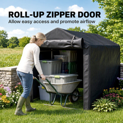 Black garden storage tent with roll-up zipper door and storage bins inside
