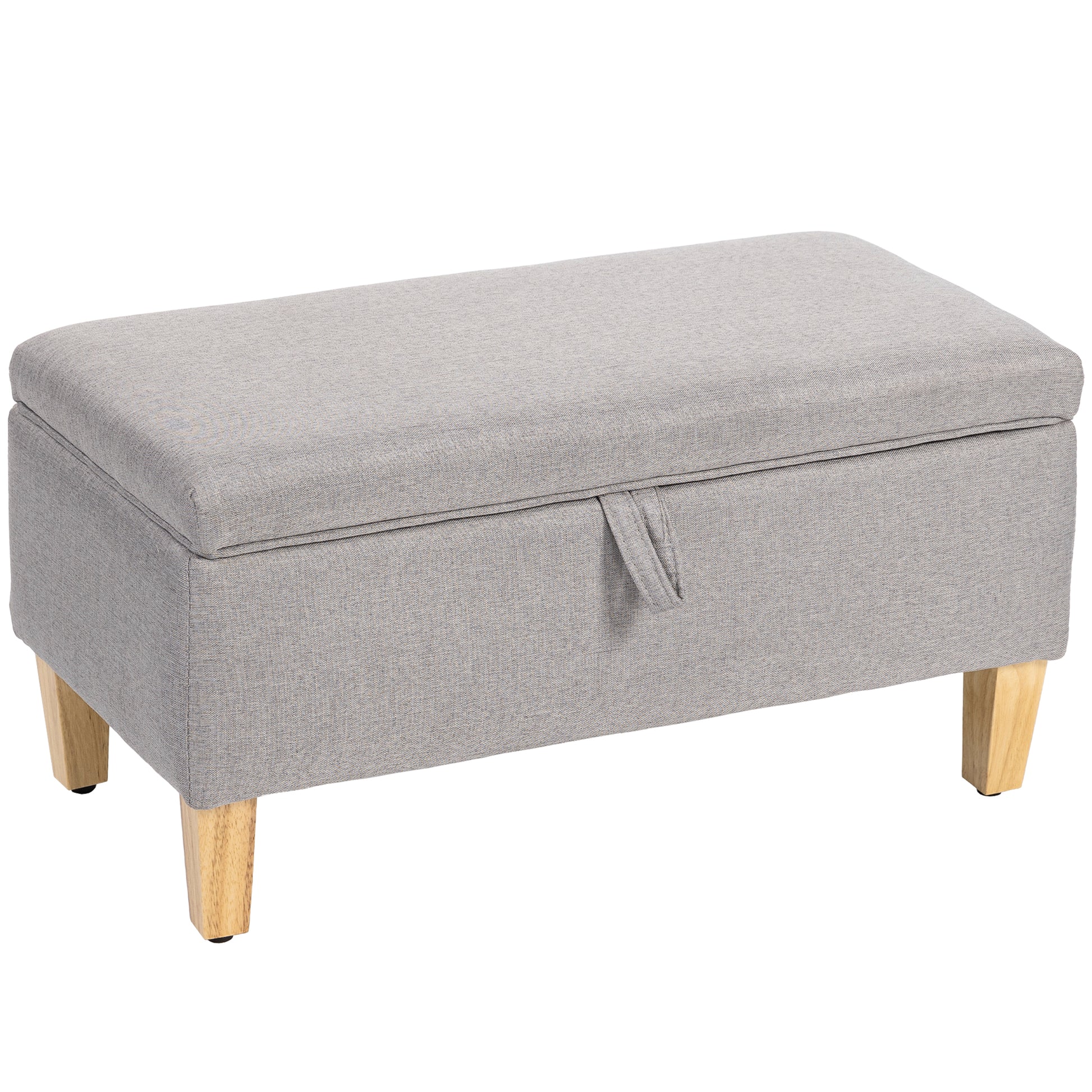 Photo of HOMCOM 30L Linen Storage Ottoman Padded Footstool with Rubberwood Legs for Storage Box, Bed End, Shoe Bench, Seating, Light Grey in Grey colour on a white background