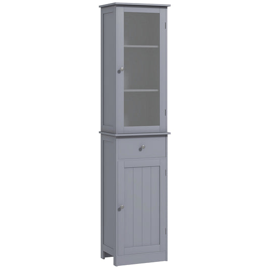 Photo of kleankin Bathroom Storage Cabinet with 3-tier Shelf Drawer Door, Floor Cabinet Free Standing Tall Slim Side Organizer Shelves, Grey in Grey colour on a white background