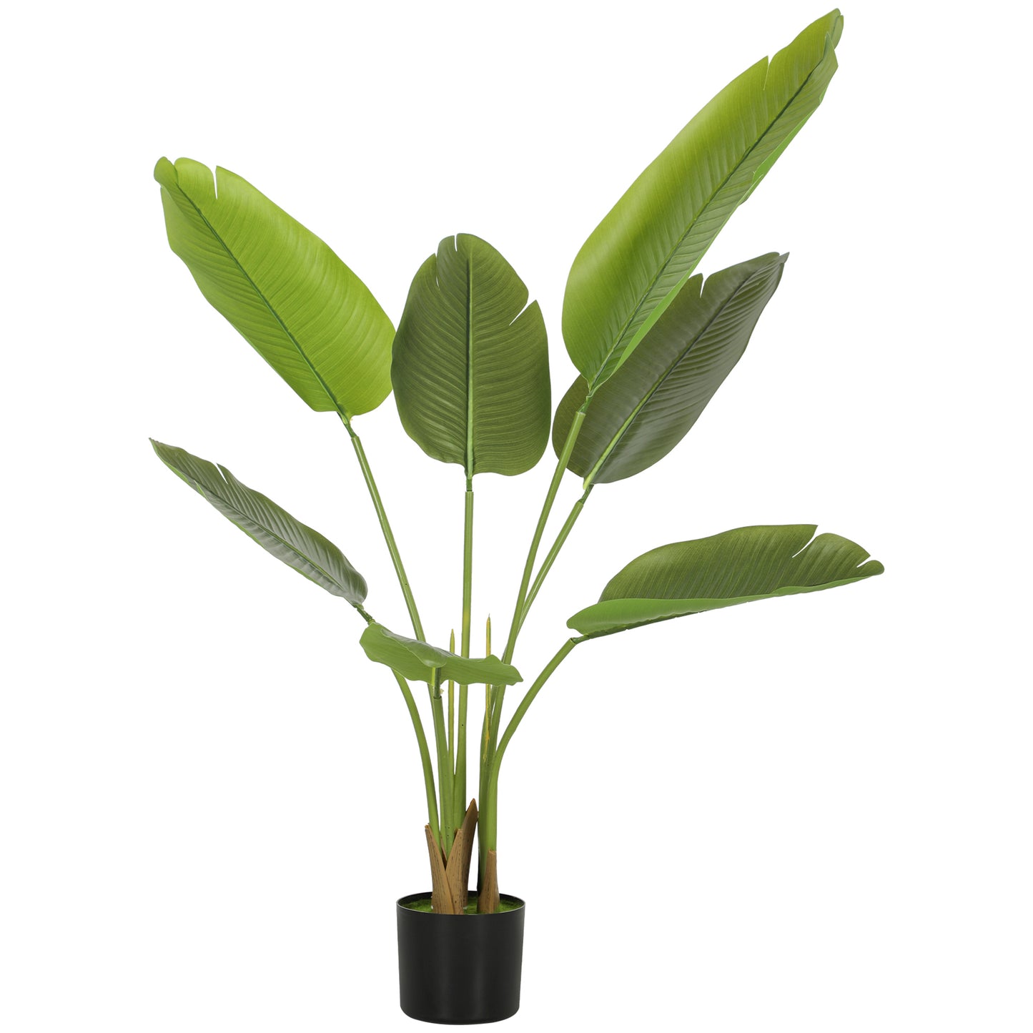 Photo of HOMCOM 109cm Artificial Bird of Paradise Plant, Faux Banana Leaf Tree with PEVA Leaves and Flocking, Decorative Palm Tree in Pot for Home Office Decor, Green in Green colour on a white background