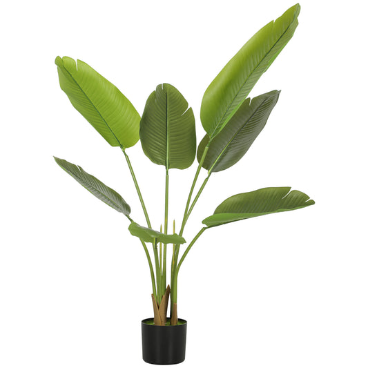 Photo of HOMCOM 109cm Artificial Bird of Paradise Plant, Faux Banana Leaf Tree with PEVA Leaves and Flocking, Decorative Palm Tree in Pot for Home Office Decor, Green in Green colour on a white background