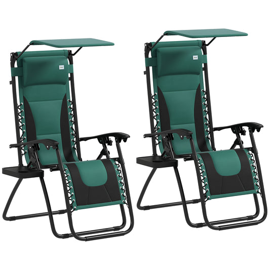 Photo of Outsunny Zero Gravity Lounger Chair Set of 2, Folding Reclining Patio Chair with Shade Cover, Padded Seat, Cup Holder, Soft Cushion and Headrest for Poolside, Camping, Green in Green colour on a white background