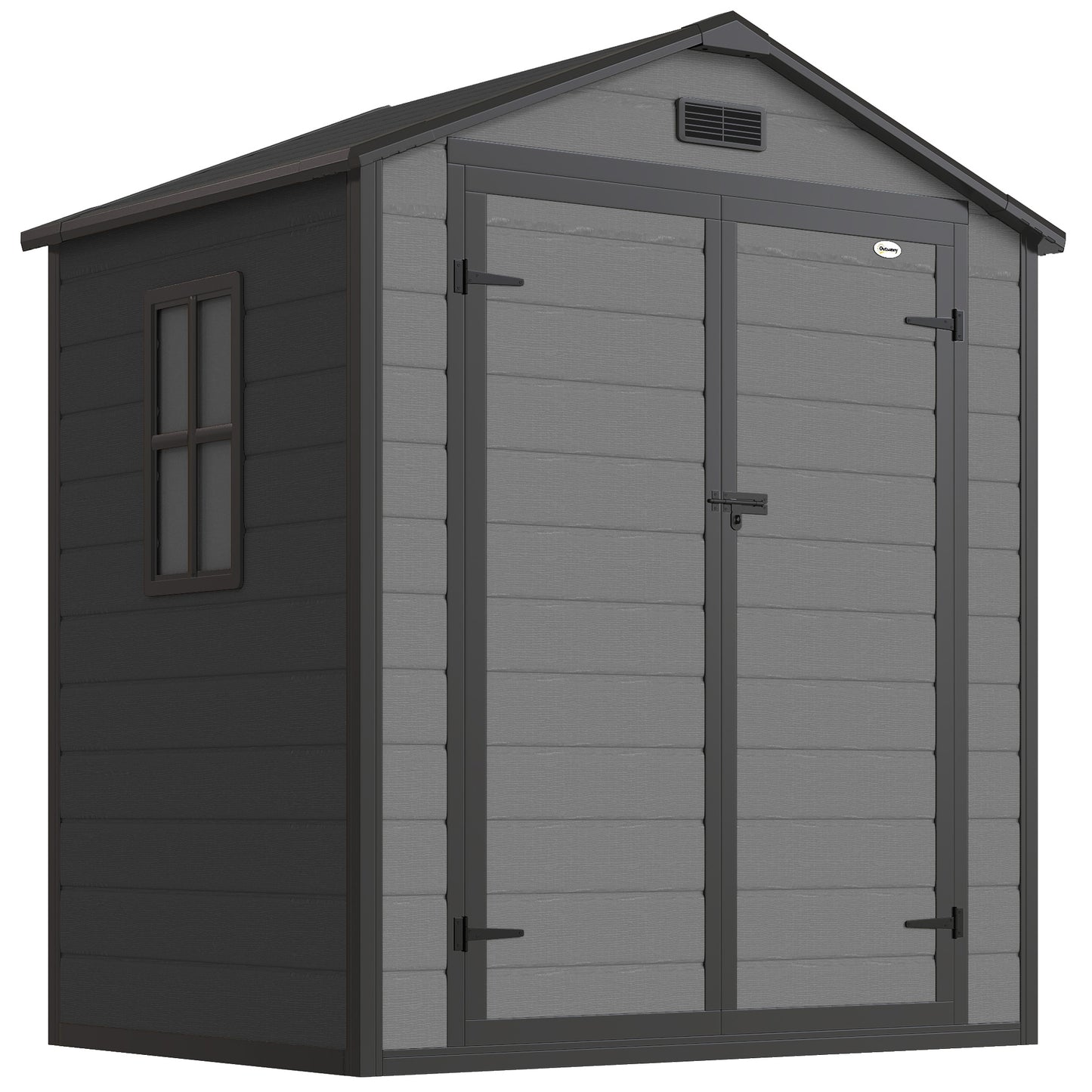 Photo of Outsunny 6'x4.5' Garden Storage Shed, Lockable Garden Shed with Double Doors, Window, Vent and Plastic Roof, Dark Grey in Grey colour on a white background