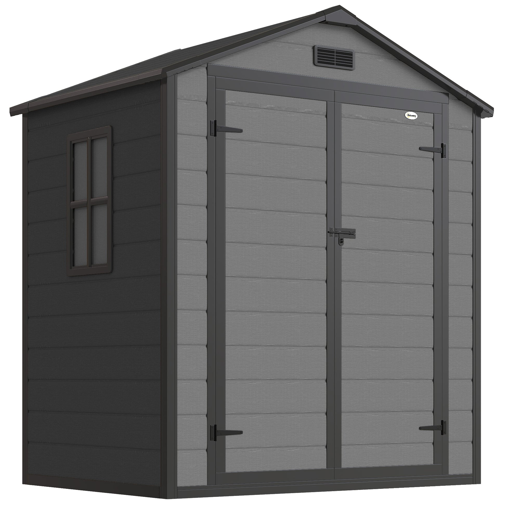 Photo of Outsunny 6'x4.5' Garden Storage Shed, Lockable Garden Shed with Double Doors, Window, Vent and Plastic Roof, Dark Grey in Grey colour on a white background