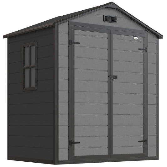 Photo of Outsunny 6'x4.5' Garden Storage Shed, Lockable Garden Shed with Double Doors, Window, Vent and Plastic Roof, Dark Grey in Grey colour on a white background