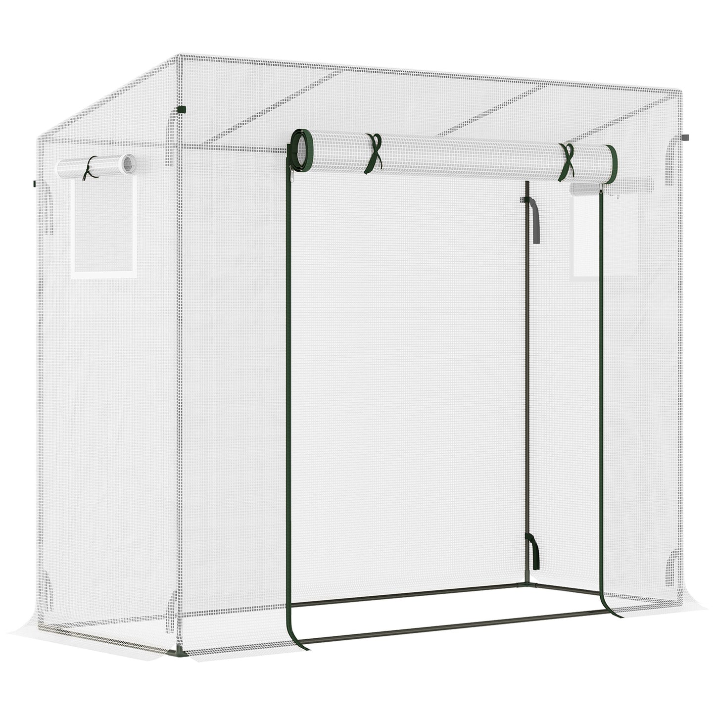 Photo of Outsunny Small Walk-in Garden Greenhouse with Steel Frame, Large Roll-up Door and Windows, 200Lx76Wx168Hcm, White in White colour on a white background