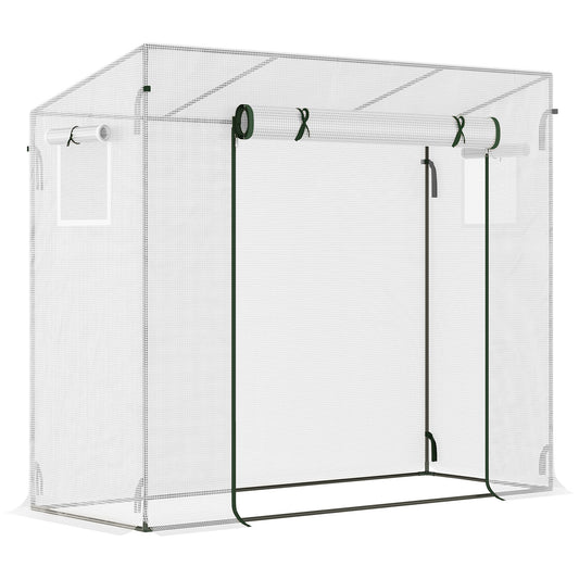 Photo of Outsunny Small Walk-in Garden Greenhouse with Steel Frame, Large Roll-up Door and Windows, 200Lx76Wx168Hcm, White in White colour on a white background