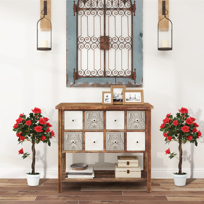 Pair of artificial red rose trees in white pots, shown beside an indoor console