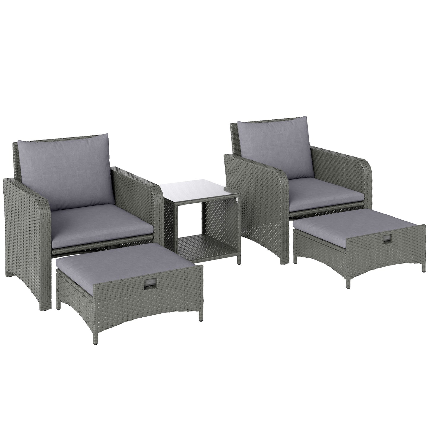 Photo of Outsunny Five Piece Rattan Garden Furniture Set with 2-Tier Coffee Table and Ottomans - Grey in Grey colour on a white background