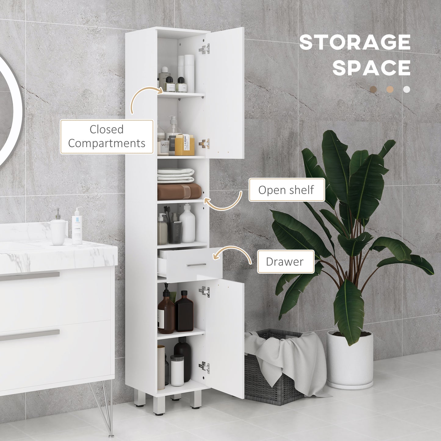 kleankin 71" Tall Slim Bathroom Storage Cabinet, Tall Narrow Cupboard with Drawer, Open Shelves, 2 Doors Cabinets and Adjustable Shelves for Kitchen, Hallway, Living Room, High Gloss White