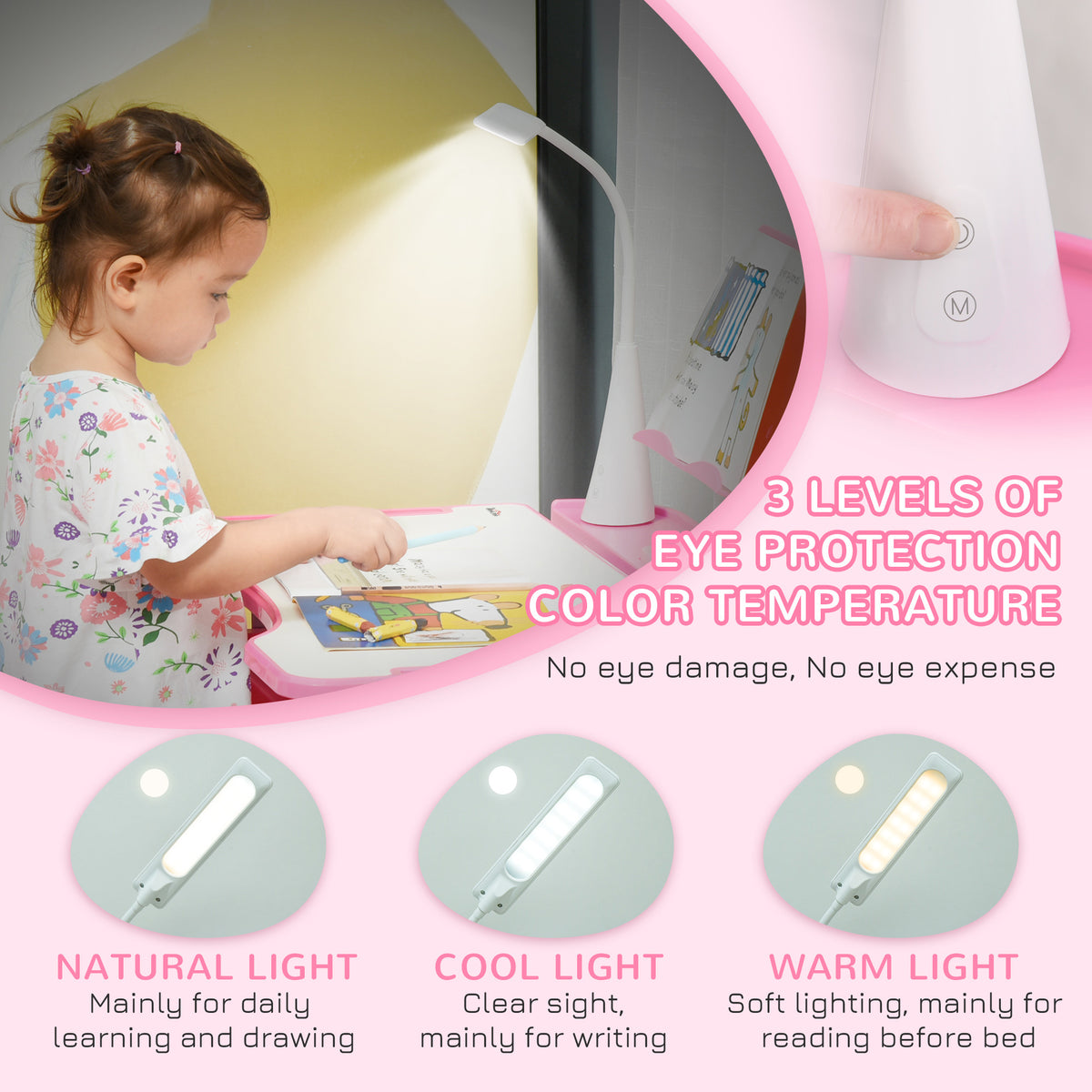 Kids' desk set with LED lamp offering three light modes and eye protection settings