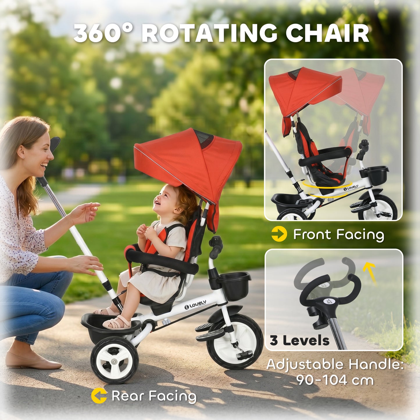 HOMCOM Metal Frame 6 in 1 Baby Push Tricycle with Parent Handle for 1-5 Years Old, Red