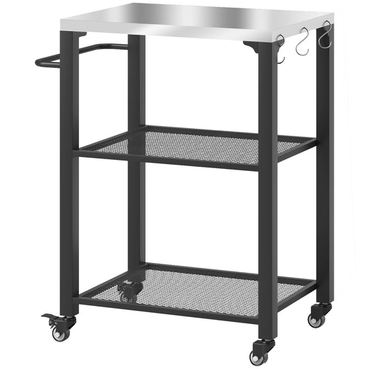 Photo of Outsunny Three-Shelf Outdoor Grill Cart with Stainless Steel Top, Outdoor Kitchen Island with 4 Wheels, 3 Hooks, Movable Food Prep Barbecue Pizza Oven Table for Kitchen, Garden, 65.5 x 41 x 79 cm in cm colour on a white background