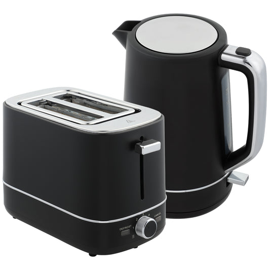 Photo of HOMCOM Kettle and Toaster Set, 1.7L 3000W Fast Boil Kettle & 2 Slice Toaster Kitchen Set with 6 Level Browning Controls, Defrost, Reheat, Black in Black colour on a white background