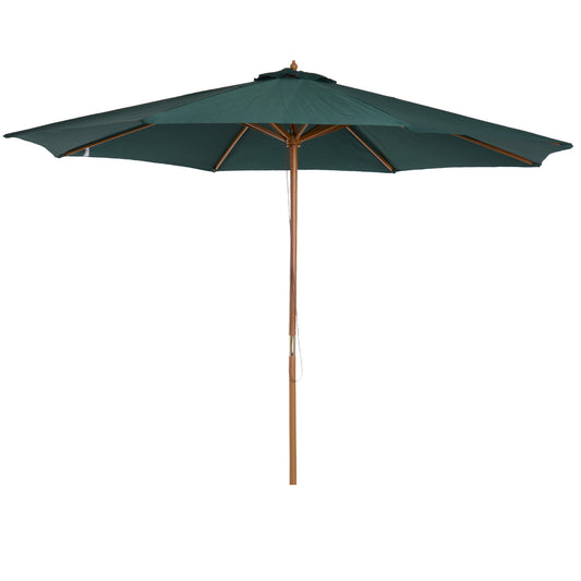 Photo of Outsunny 3(m) Wooden Patio Umbrella, Pulley Operated Garden Parasol with Rope Pulley Mechanism and 8 Ribs, Dark Green in Green colour on a white background