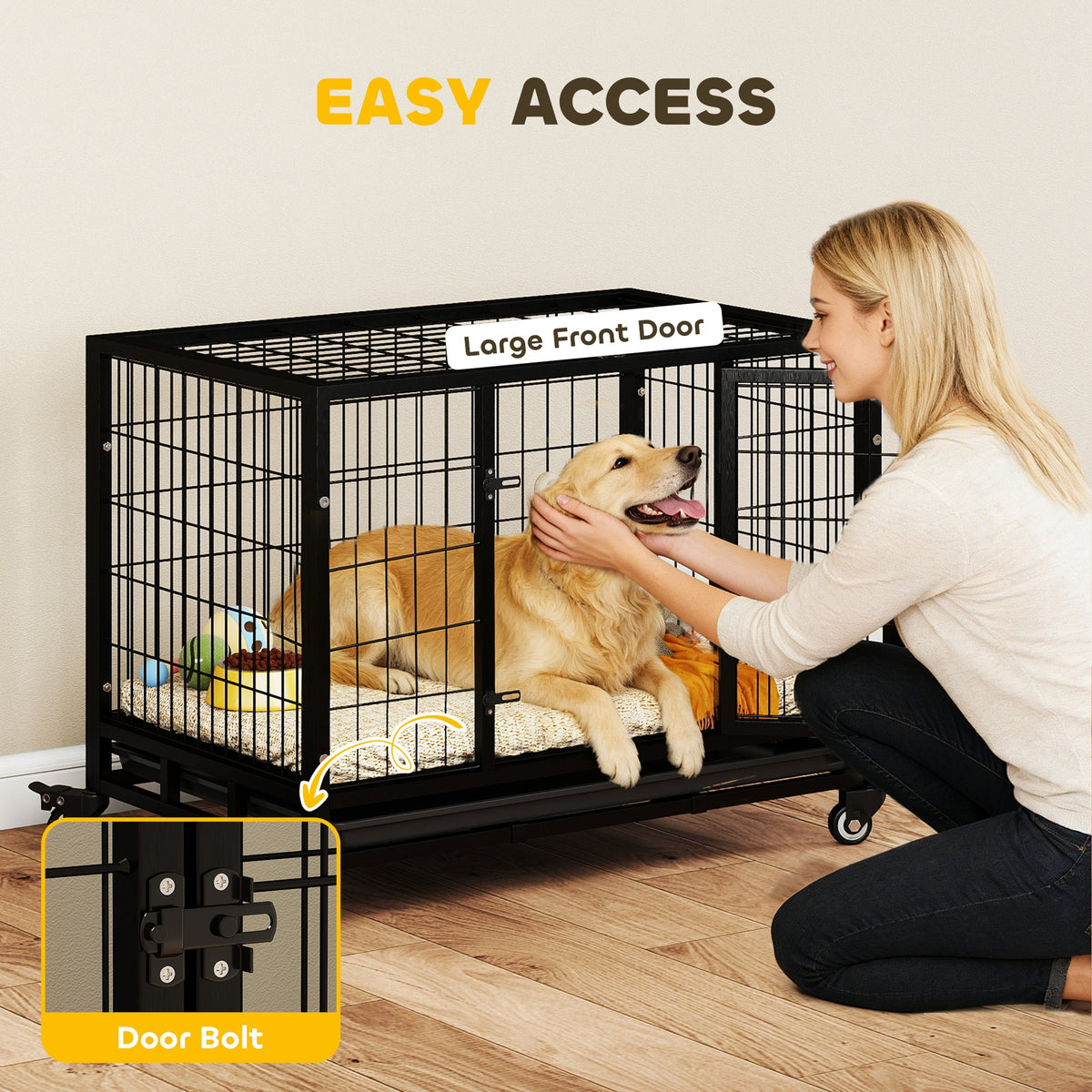 Black metal dog crate with a large front door and bolt latch, holding a dog