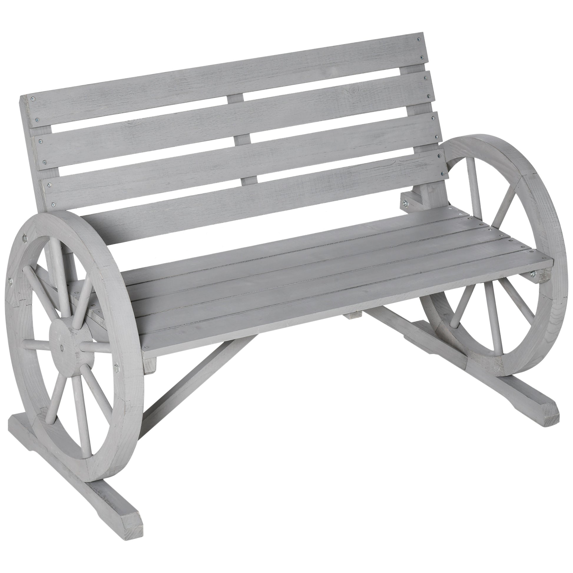Photo of Outsunny Wooden Cart Wagon Wheel 2 Seater Garden Bench Outdoor Garden Armrest Chair Rustic High Back Loveseat Grey in Grey colour on a white background