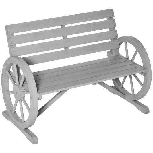 Photo of Outsunny Wooden Cart Wagon Wheel 2 Seater Garden Bench Outdoor Garden Armrest Chair Rustic High Back Loveseat Grey in Grey colour on a white background