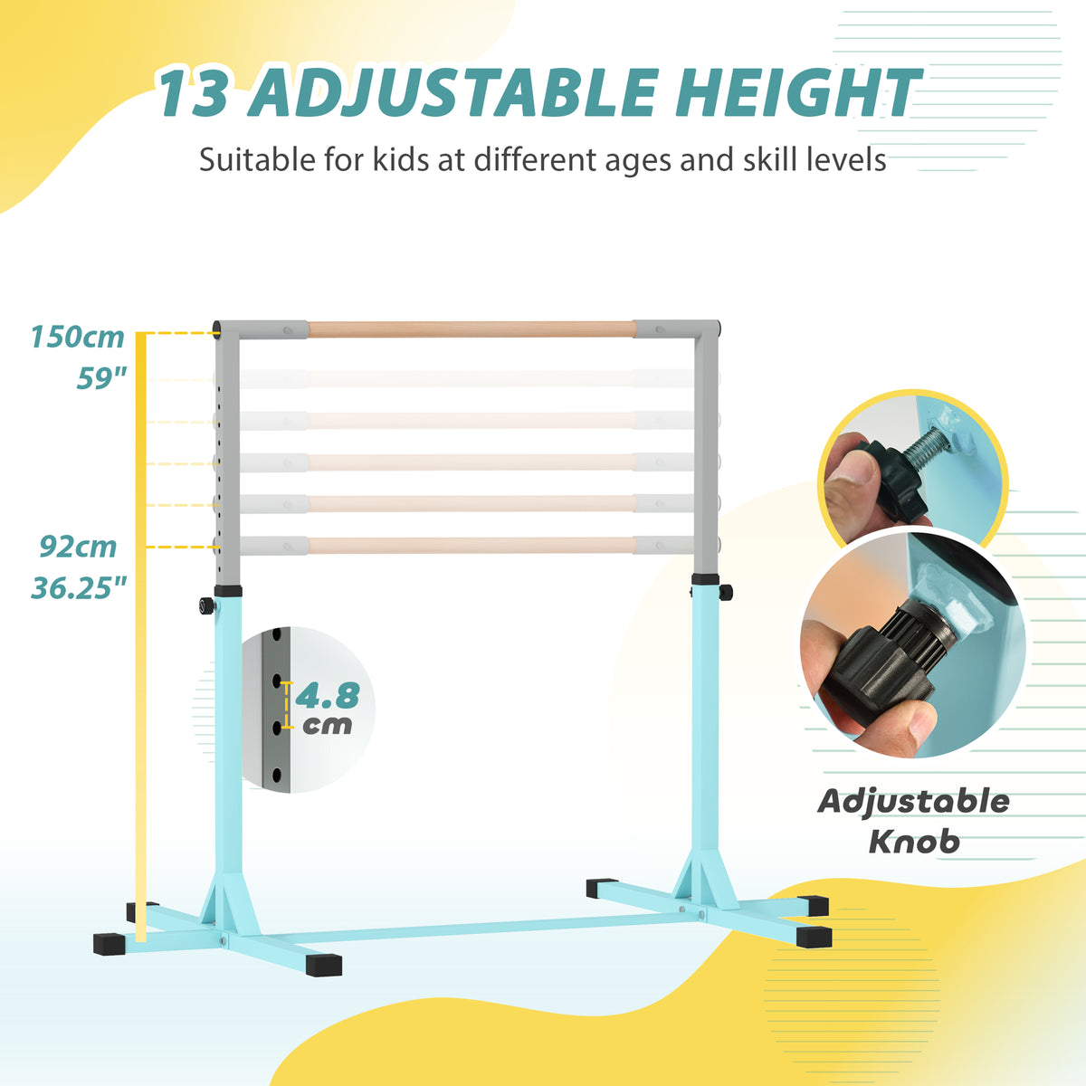 HOMCOM Height Adjustable Gymnastics Horizontal Bar for Kids, Children Junior Kip High Bar Fitness, Light Blue