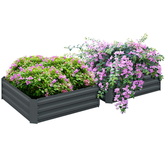 Photo of Outsunny Set of 2 291L Raised Garden Bed, Elevated Galvanised Planter Box for Flowers, Herbs, 100x100x30cm, Dark Grey in Grey colour on a white background