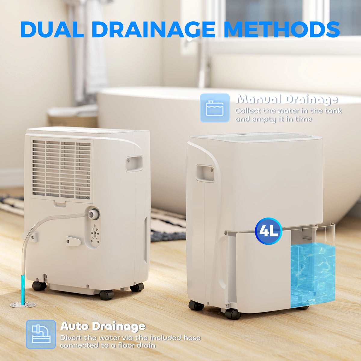 HOMCOM dehumidifier shown with removable 4L tank and continuous drainage hose
