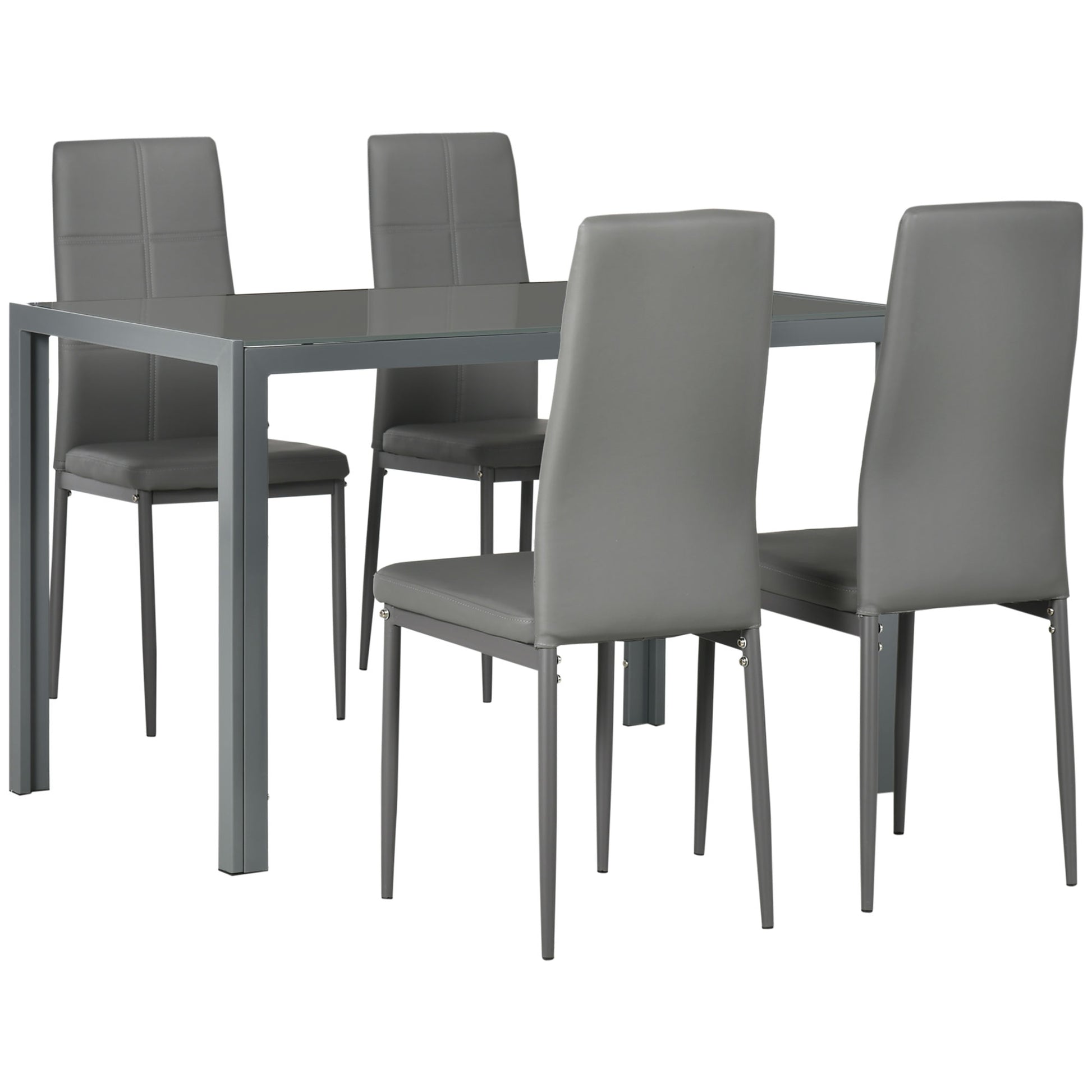 Photo of HOMCOM 5-Piece Kitchen Dining Table Set with 4 Faux Leather Metal Frame Chairs Glass Tabletop Desk for Dining Room, Kitchen, Dinette, Grey in Grey colour on a white background