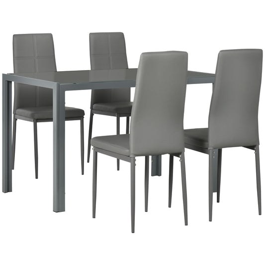 Photo of HOMCOM 5-Piece Kitchen Dining Table Set with 4 Faux Leather Metal Frame Chairs Glass Tabletop Desk for Dining Room, Kitchen, Dinette, Grey in Grey colour on a white background