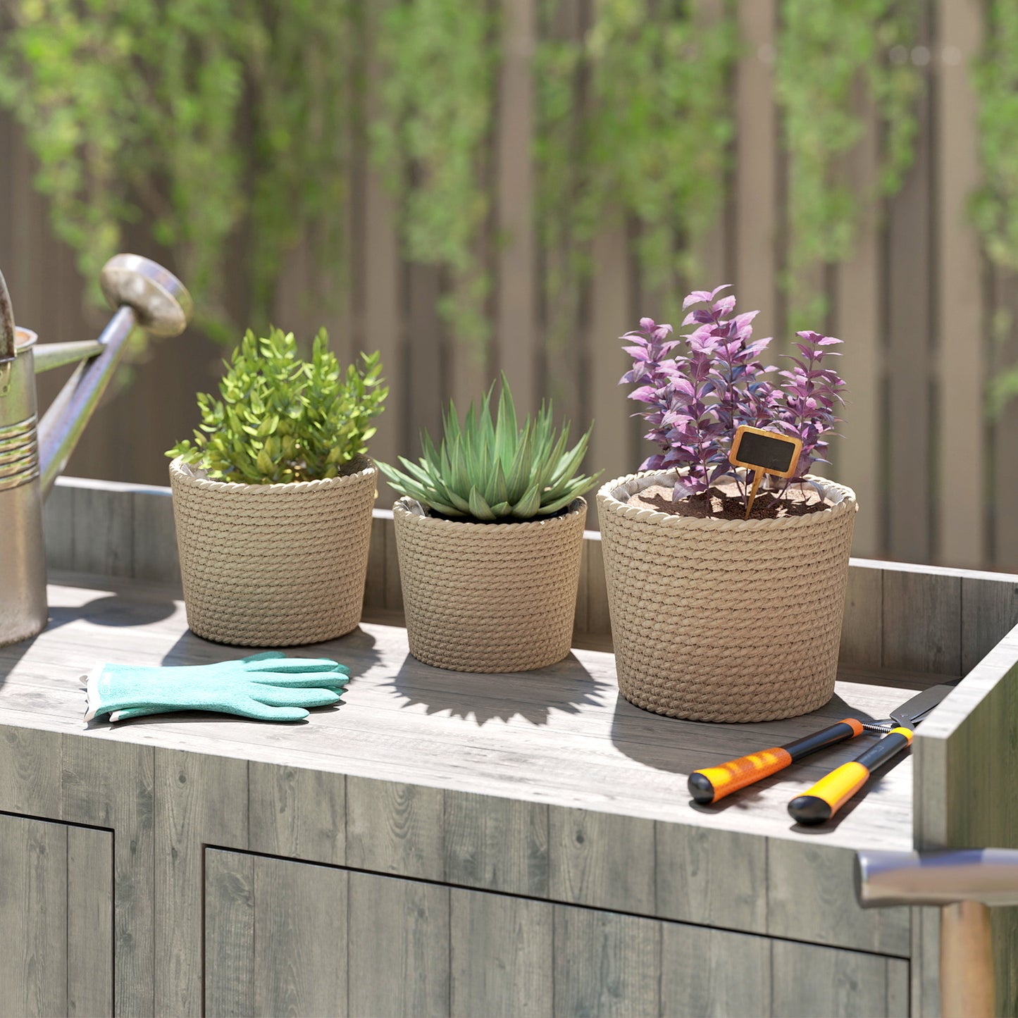 Outsunny Seagrass Planters Set of 3 Plant Pots for Indoor Outdoor Patio Balcony Natural
