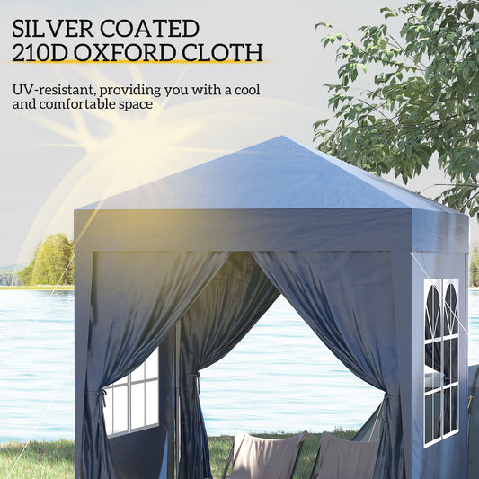 Blue pop-up gazebo with peaked roof, tied-back curtains and side windows