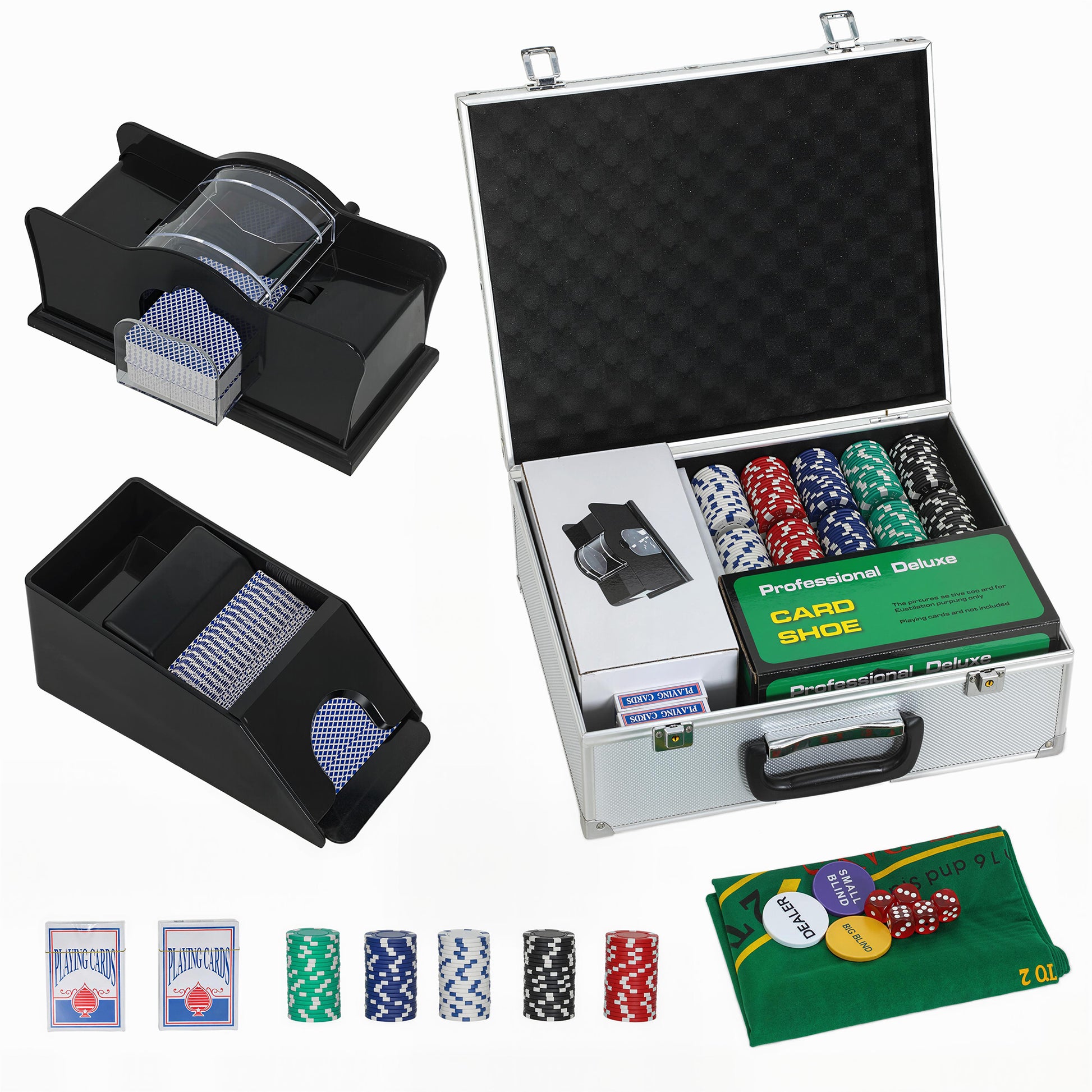 Photo of SPORTNOW 300-Piece Poker Chips Set with Card Shuffler, Card Shoe, Case, Casino Texas Holdem Poker Set with Mat, Silver Tone in Tone colour on a white background