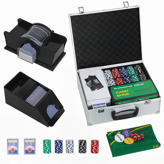Photo of SPORTNOW 300-Piece Poker Chips Set with Card Shuffler, Card Shoe, Case, Casino Texas Holdem Poker Set with Mat, Silver Tone in Tone colour on a white background