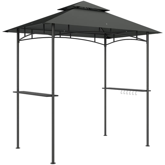 Photo of Outsunny 8' x 5' Grill Gazebo, Double Tiered BBQ Gazebo Shelter Canopy with LED Lights, 2 Side Shelves, Hooks, Dark Grey in Grey colour on a white background