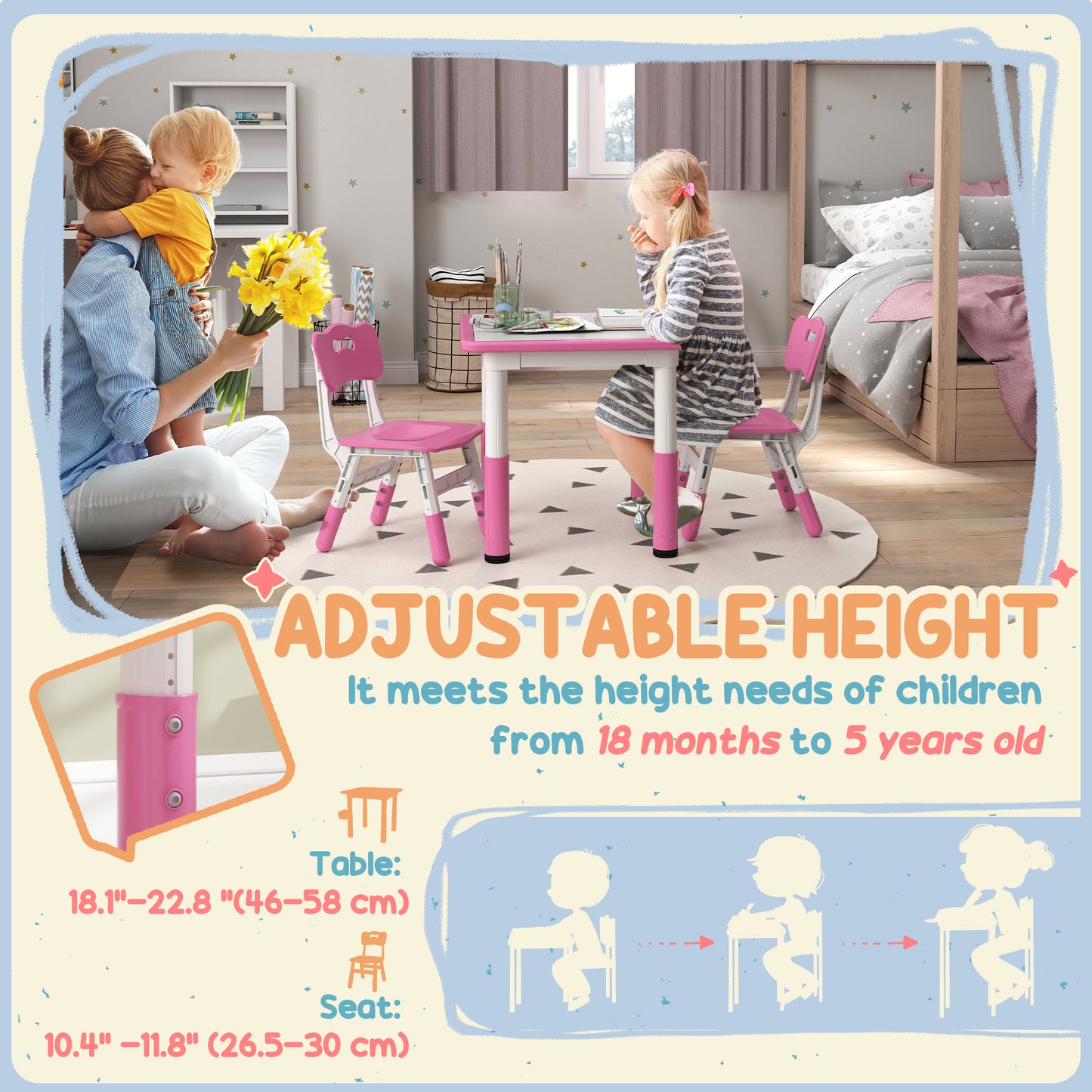 AIYAPLAY Height Adjustable Toddler Table and Chair Set, 3-Piece Children Activity Table w/ 2 Chairs for Playroom, Bedroom - Pink