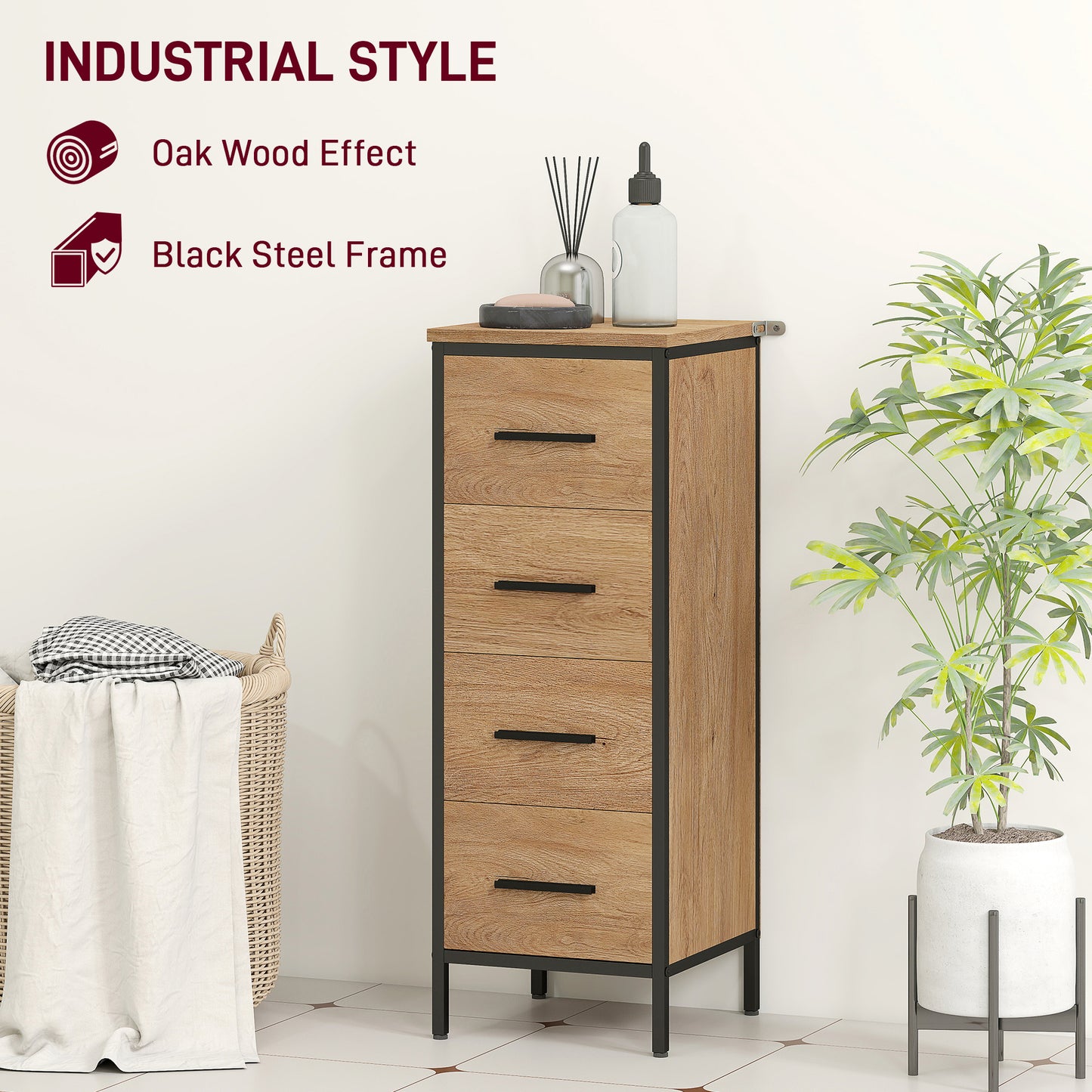 HOMCOM Narrow Bathroom Storage Cabinet with 4 Drawers - Oak