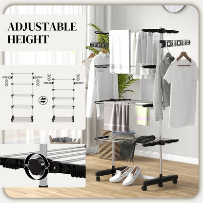 HOMCOM adjustable-height drying rack holding clothes and towels