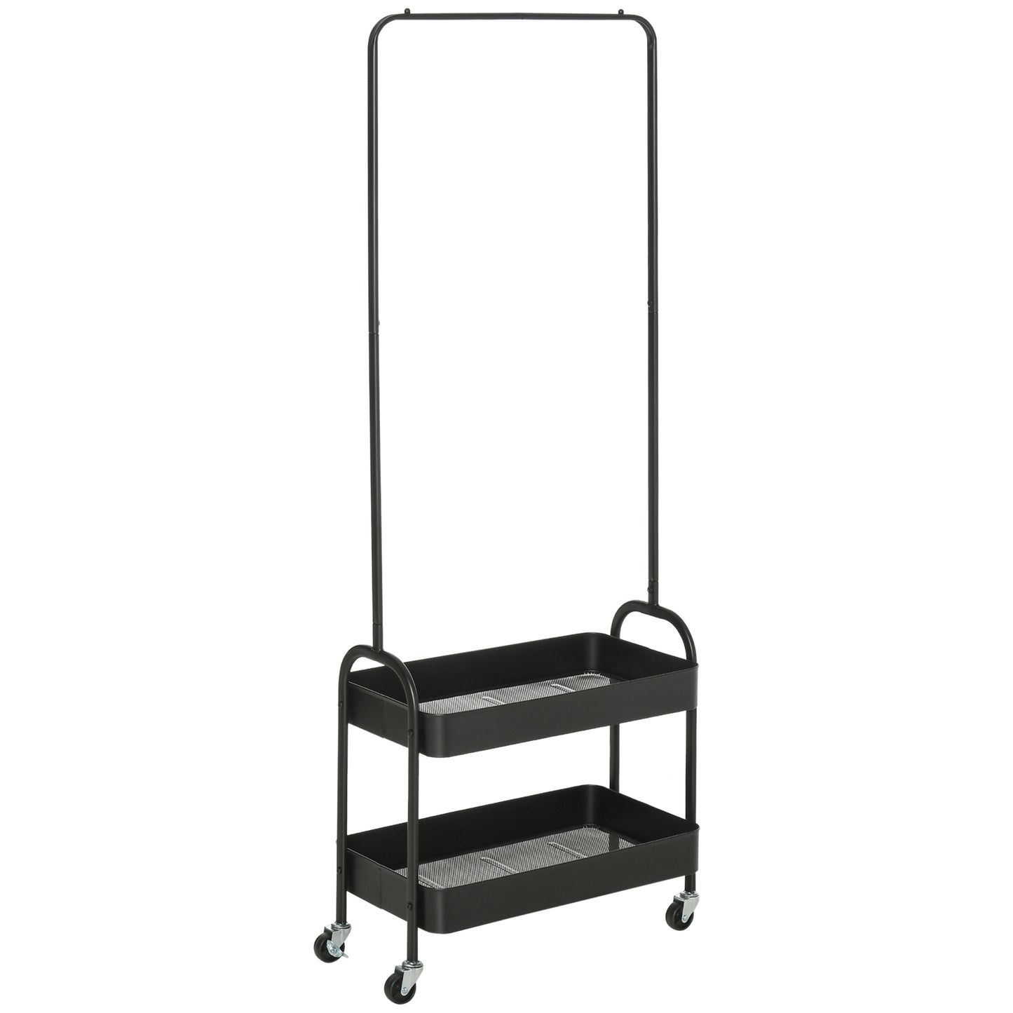 Photo of HOMCOM Metal Clothes Rack with Shoe Storage, Clothing Rail on Wheels, Freestanding Hall Tree, Coat Stand with 2 Storage Shelf, Black in Black colour on a white background