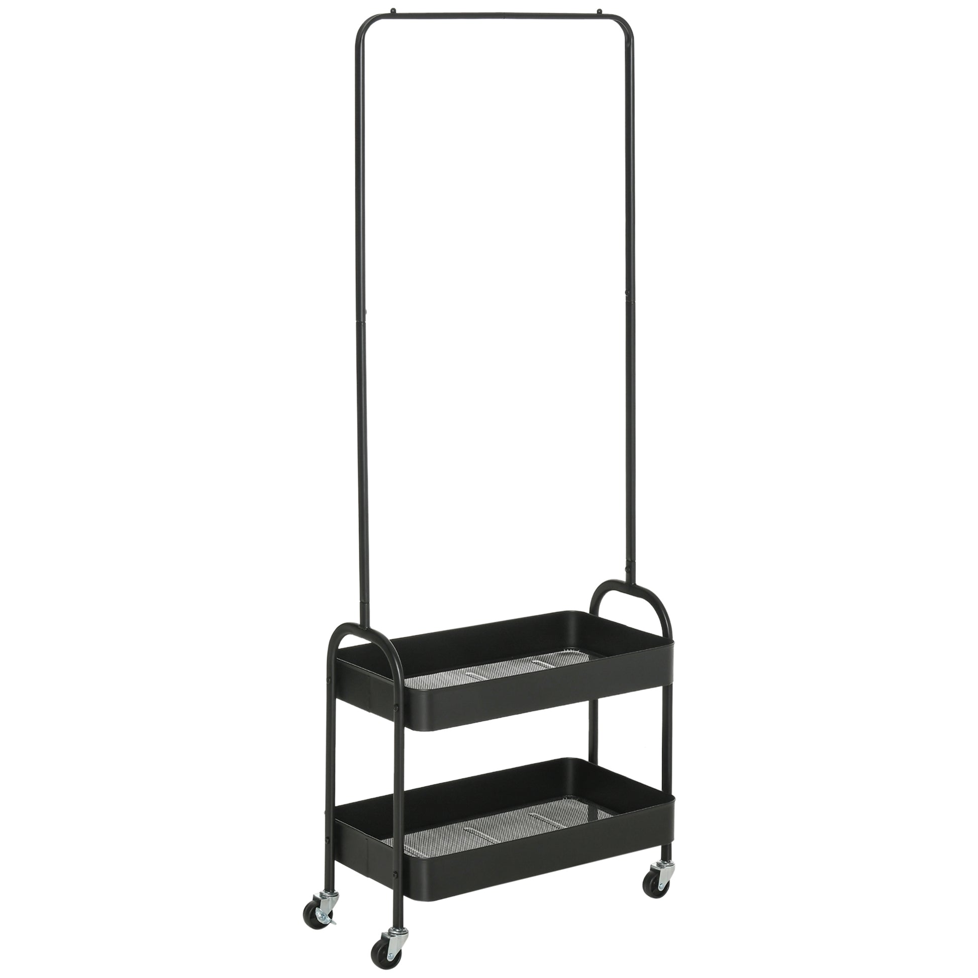 Photo of HOMCOM Metal Clothes Rack with Shoe Storage, Clothing Rail on Wheels, Freestanding Hall Tree, Coat Stand with 2 Storage Shelf, Black in Black colour on a white background