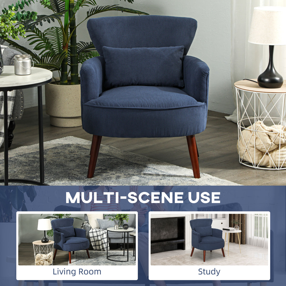 Blue corduroy accent chair with lumbar pillow and tapered wood legs, shown from the front