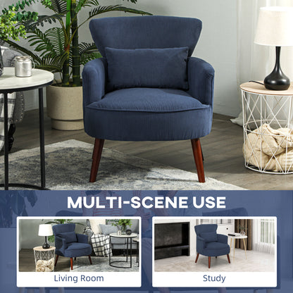 Blue corduroy accent chair with lumbar pillow and tapered wood legs, shown from the front