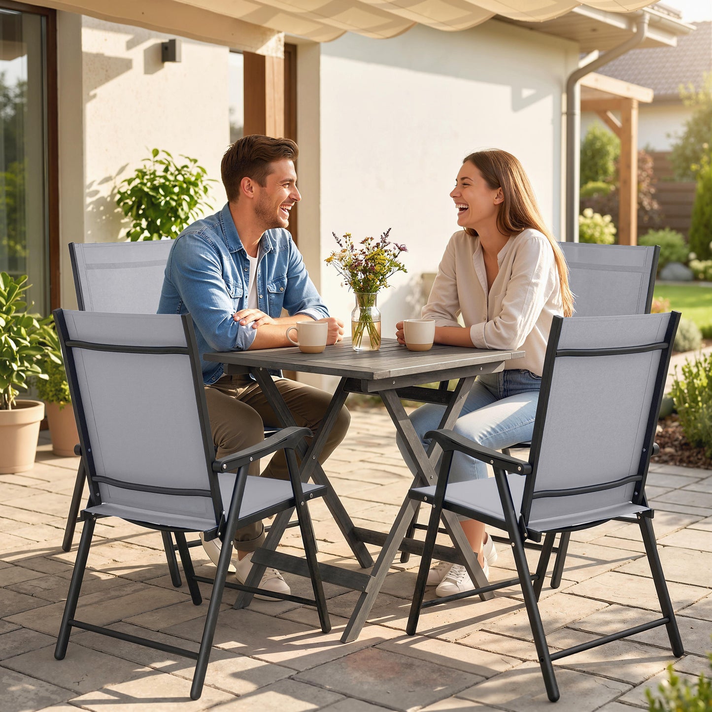 Outsunny Folding Garden Chairs Set of 4, Foldable Garden Dining Chairs with High Back, Armrests, Texteline Seat, Light Grey