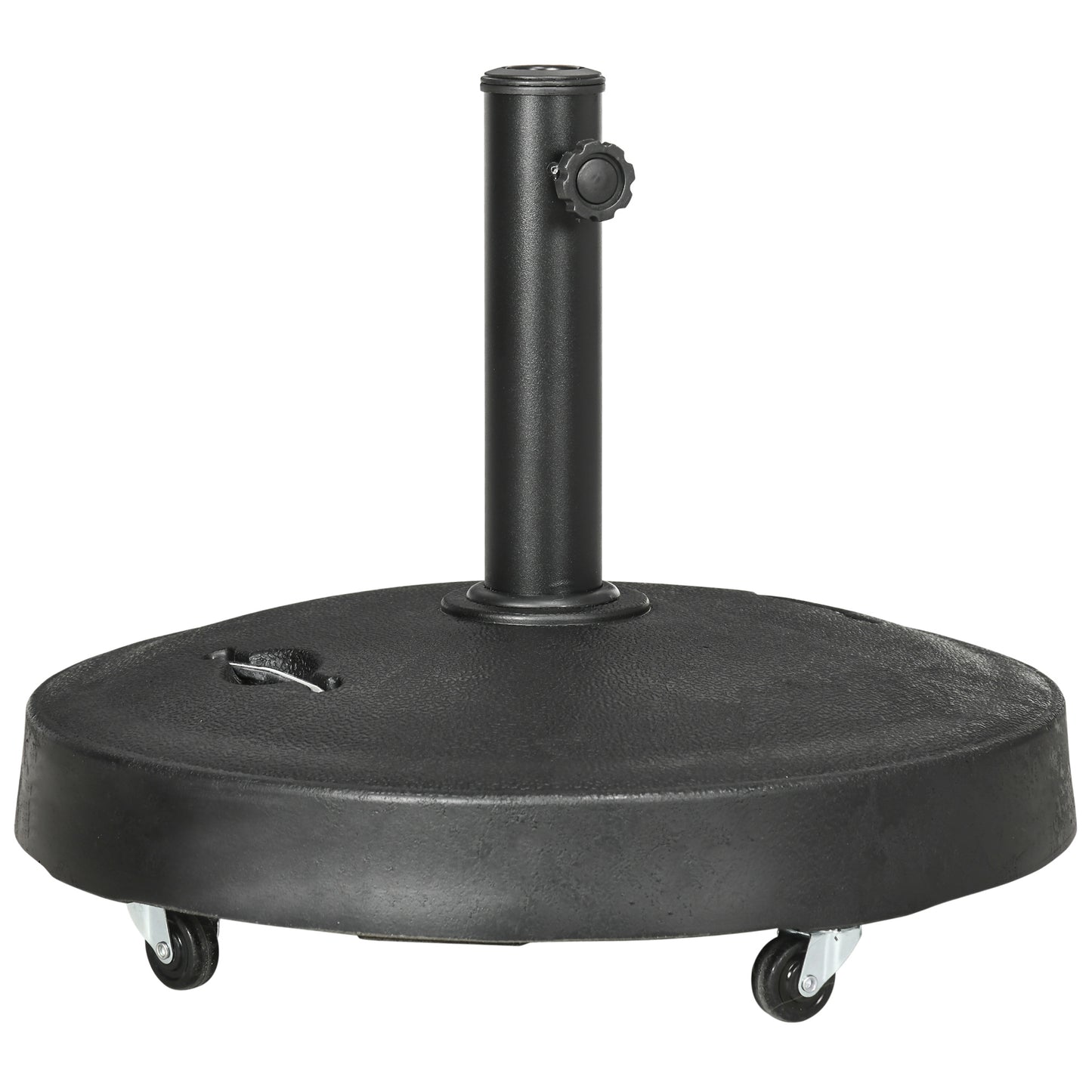 Photo of Outsunny 25kg Resin Garden Parasol Base with Wheels and Retractable Handles, Round Outdoor Market Umbrella Stand Weight for Poles of Φ38mm to Φ48mm, Black in Black colour on a white background